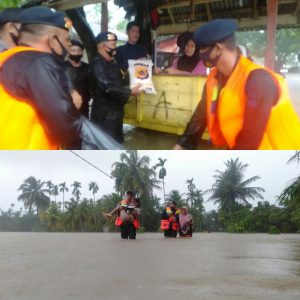 Brimob Bantu Warga Korban Banjir di Matangkuli Aceh Utara
